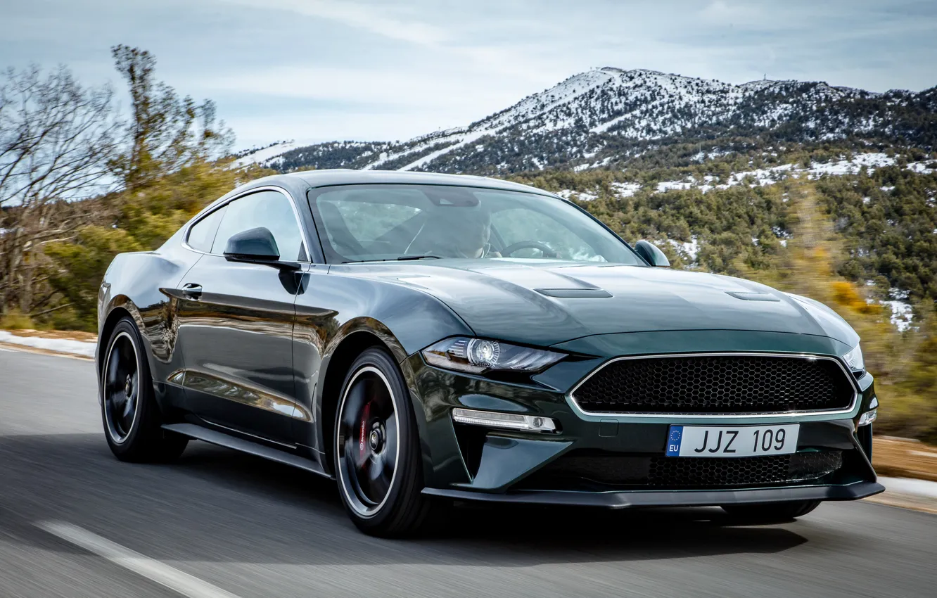 Фото обои асфальт, горы, Mustang, Ford, 2018, Bullitt, фастбэк