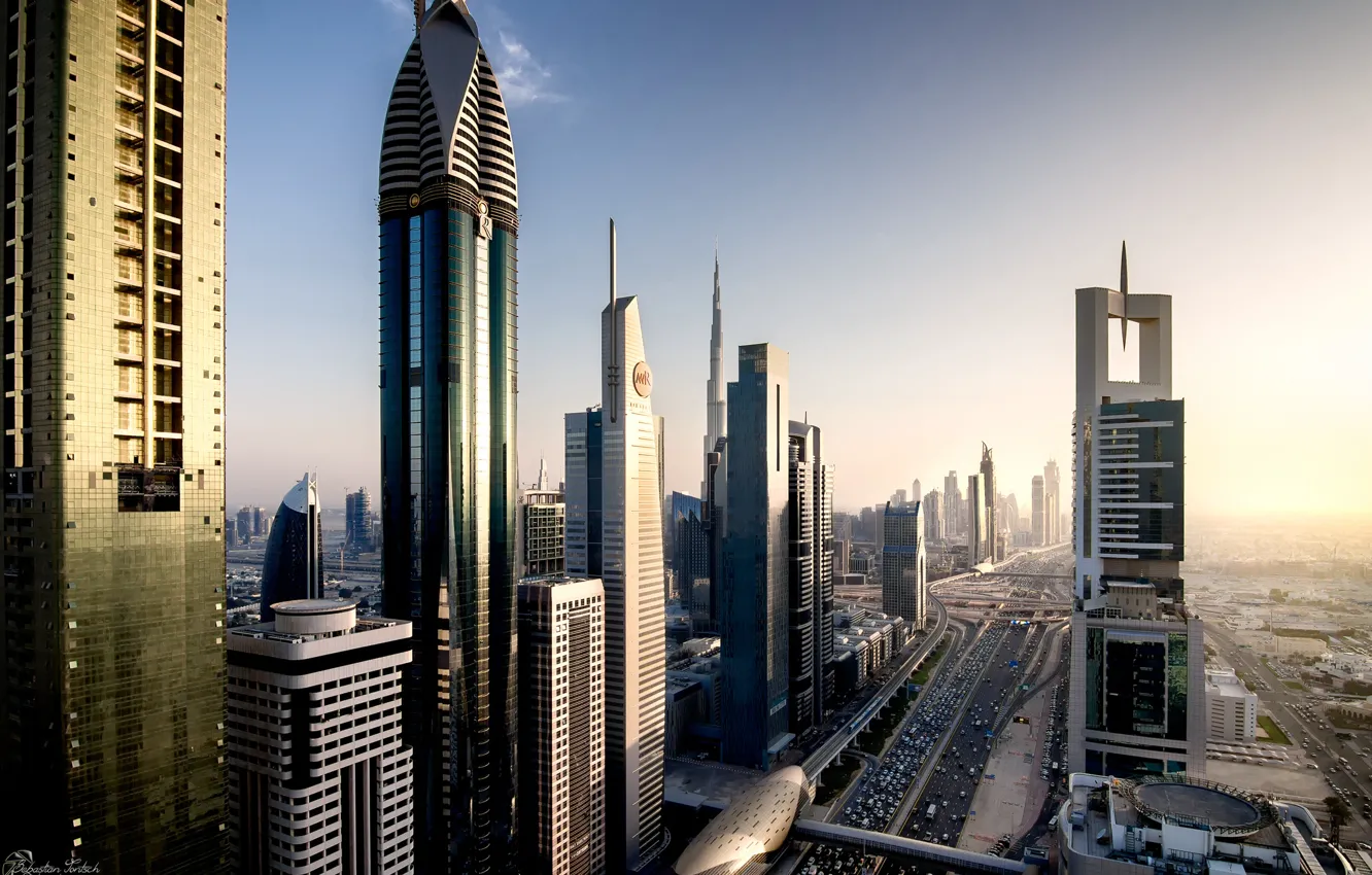 Фото обои город, дома, вечер, Дубай, Dubai, ОАЭ, Автомагистраль имени шейха Заеда