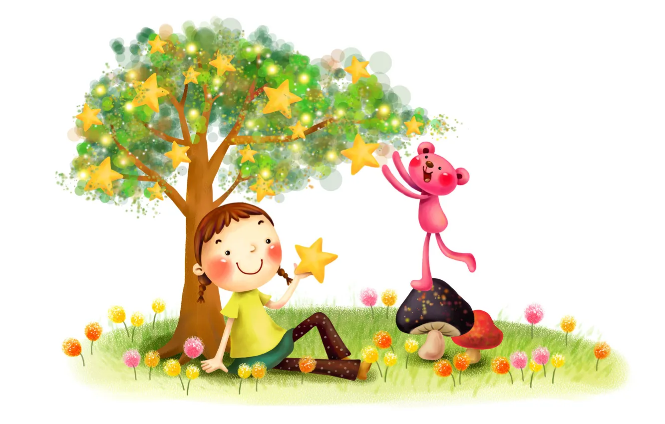 Фото обои трава, детство, улыбка, фантазия, дерево, рисунок, грибы, звёзды