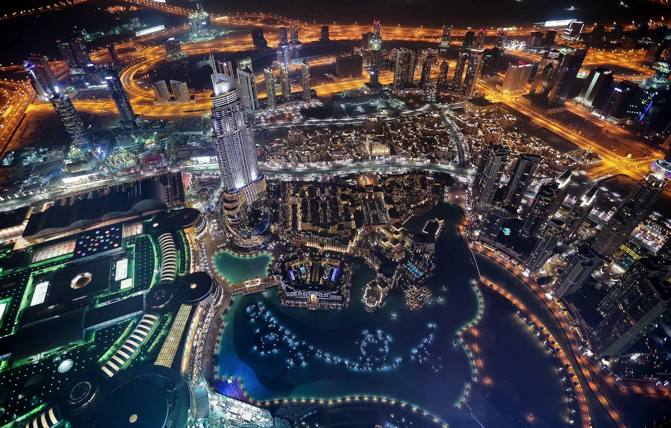 Фото обои city, night, lake, dubai, united arab emirates