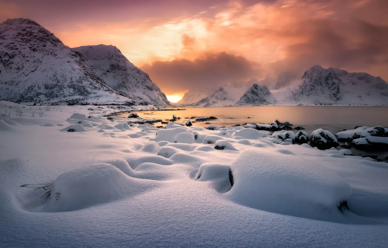 Фото обои зима, облака, свет, горы, Норвегия, север, фьорд