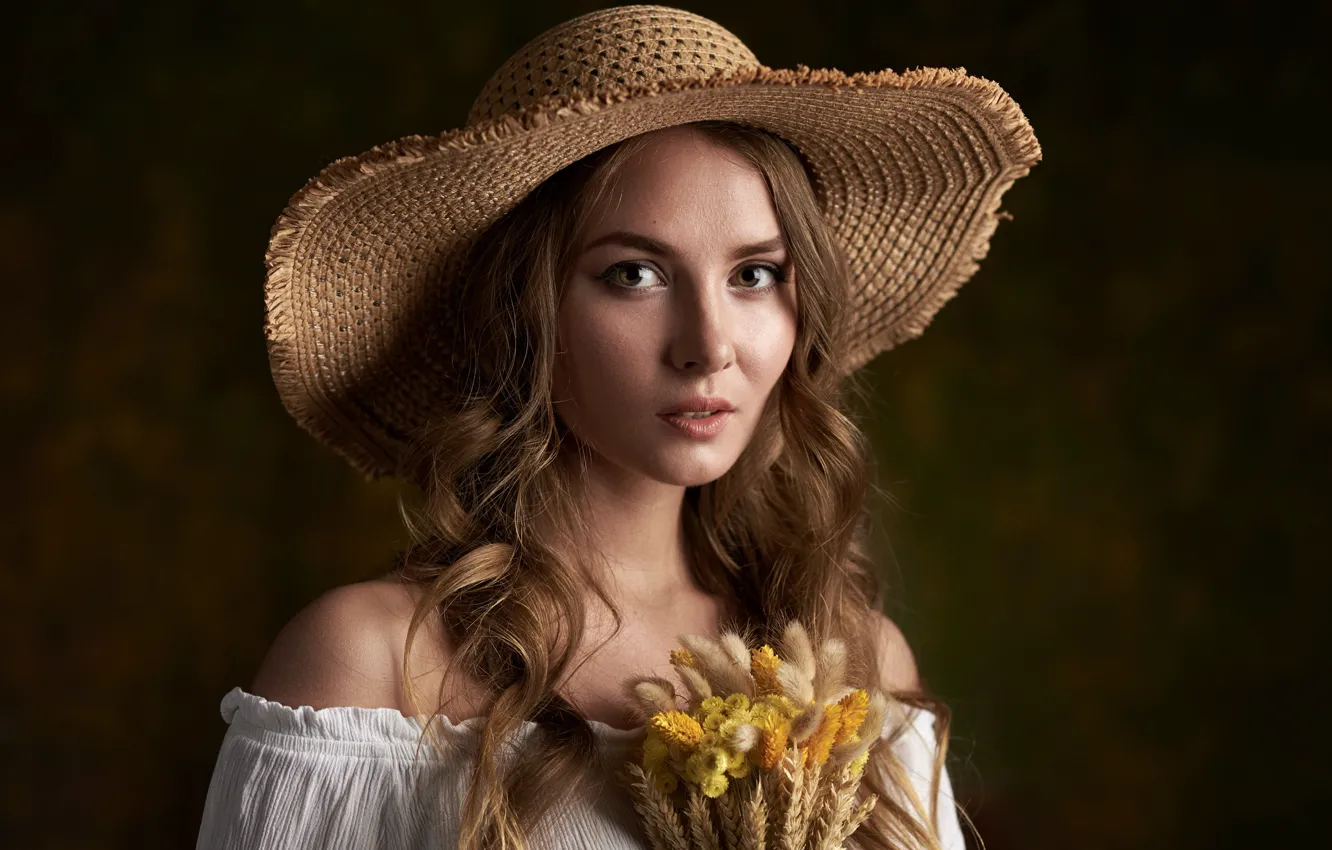 Фото обои девушка, шляпка, букетик, художественный портрет, Макс Пыжик, Катя Халперт