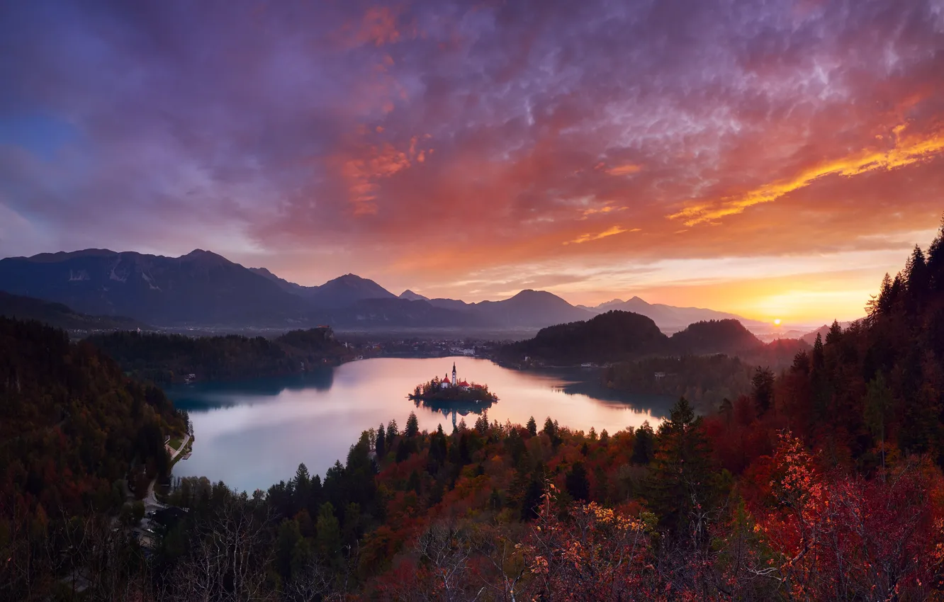 Фото обои осень, пейзаж, горы, природа, озеро, вечер, леса, Словения