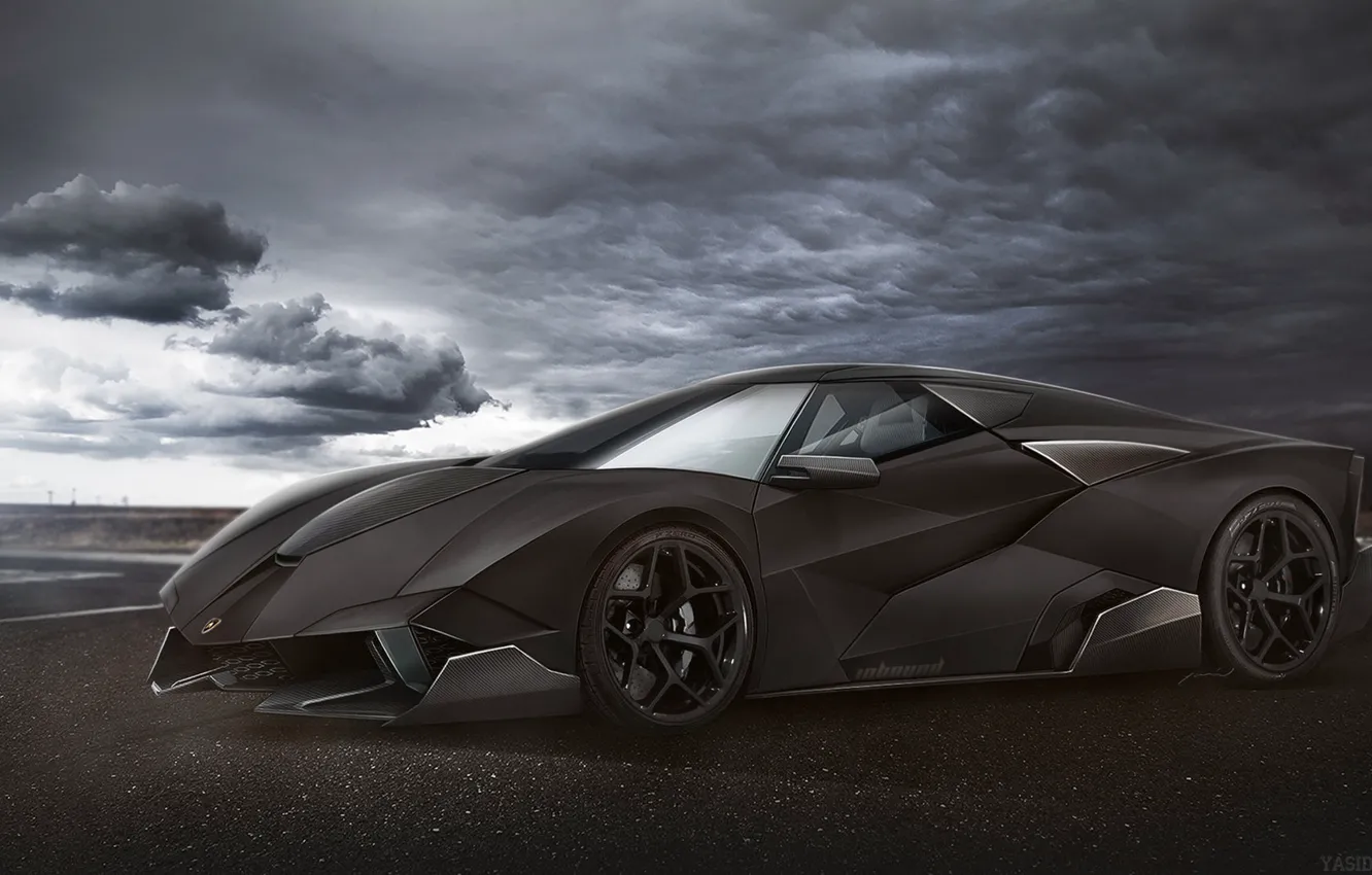 Фото обои Concept, Авто, Черный, Рисунок, Lamborghini, Машина, Тучи, Фон