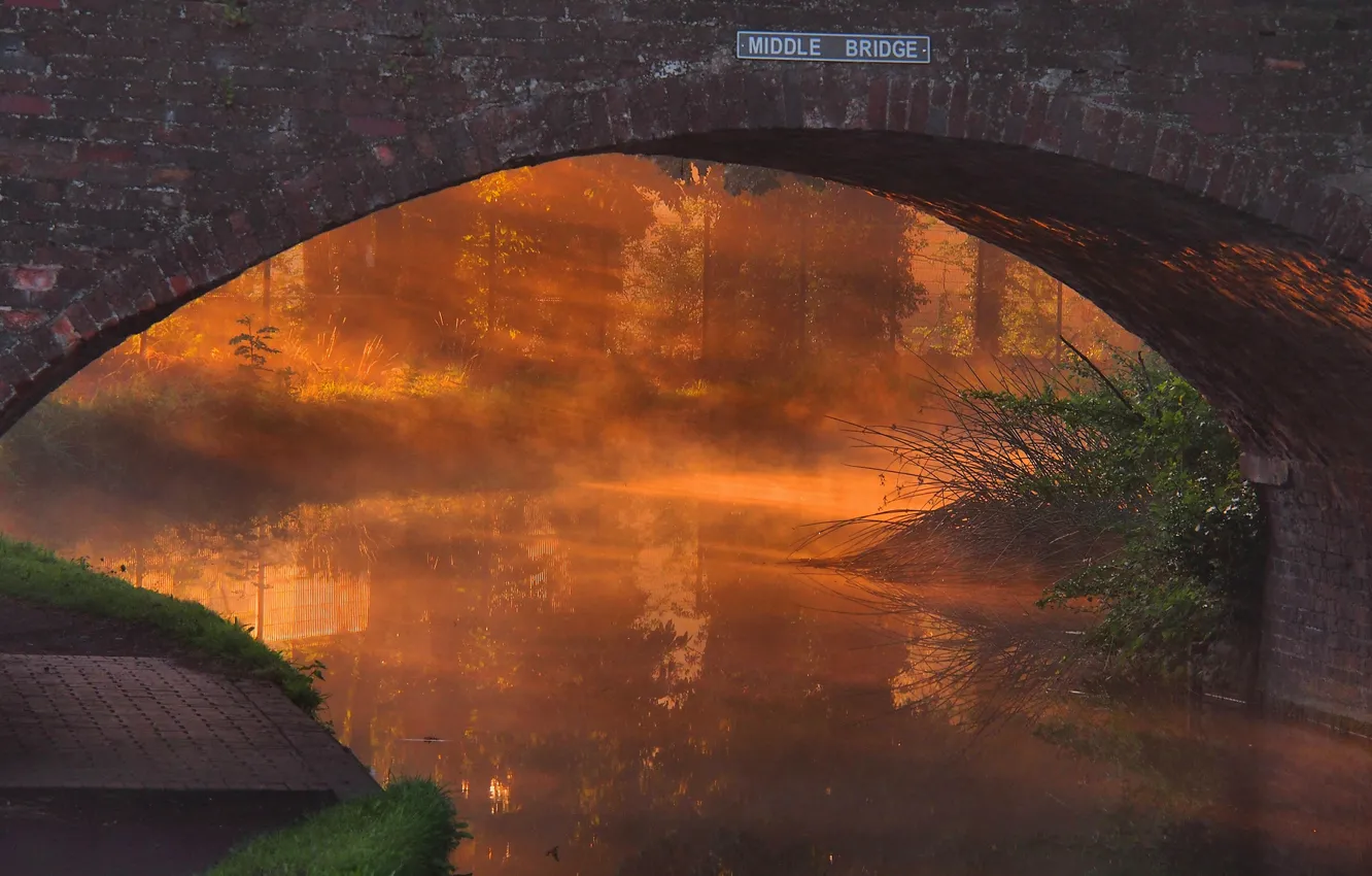 Фото обои закат, мост, туман, река, арка