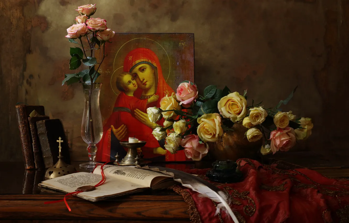 Фото обои цветы, розы, натюрморт, икона