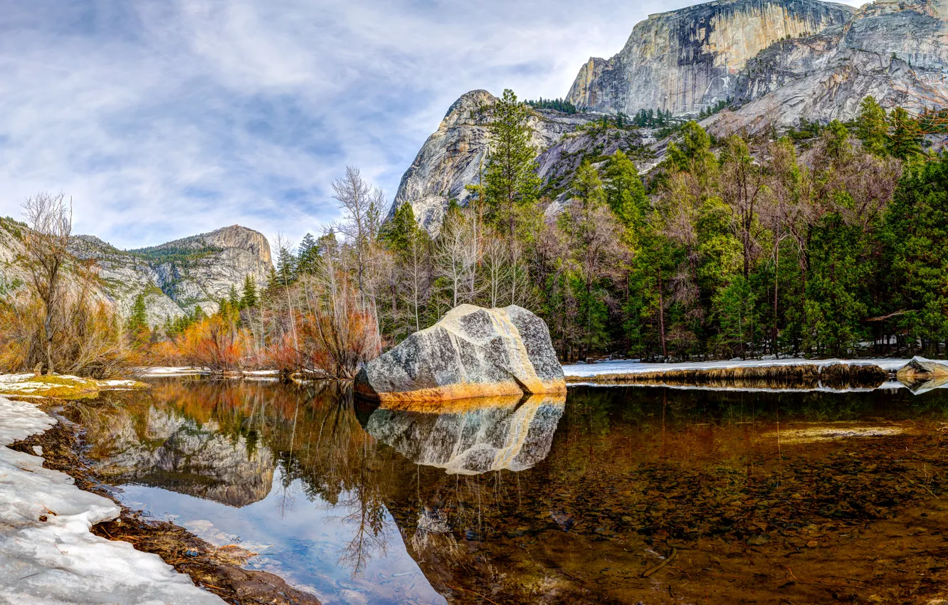 Фото обои небо, облака, деревья, горы, озеро, камень, Yosemite, National Park