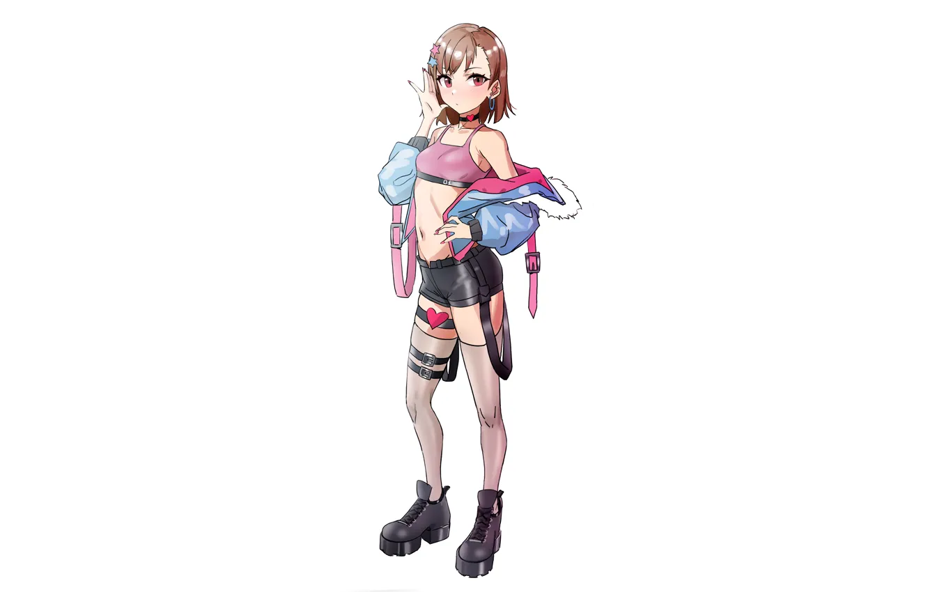 Фото обои girl, sexy, cleavage, shorts, thighhighs, brown hair, boobs, anime