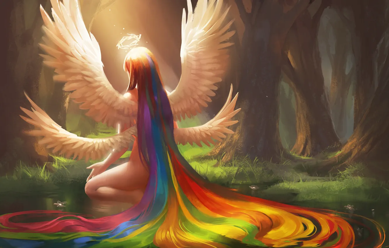 Фото обои лес, девушка, крылья, радуга, арт