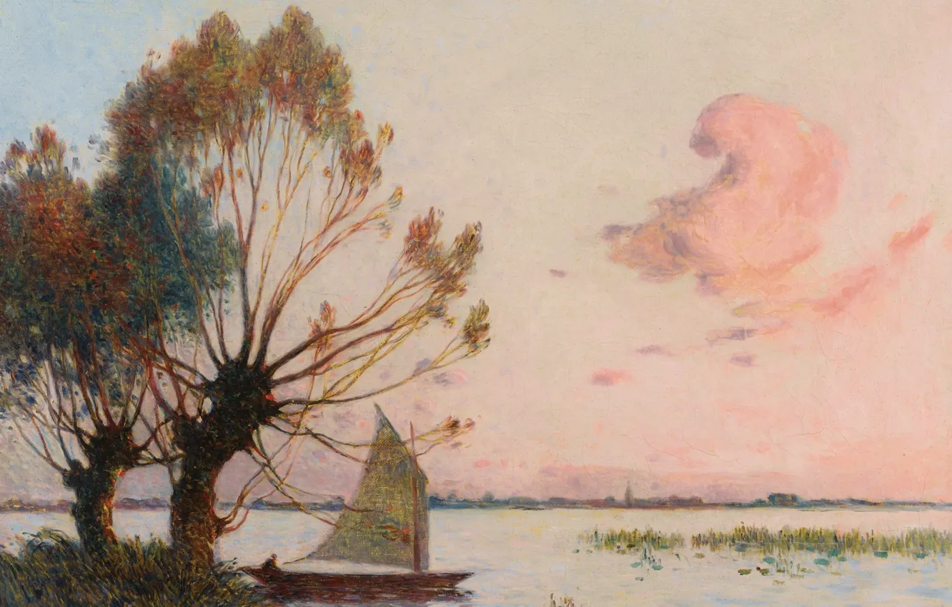 Фото обои пейзаж, лодка, картина, парус, Ferdinand du Puigaudeau, Фердинанд дю Пюигадо, Sailer at Marais de la …