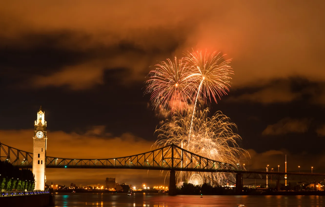 Фото обои ночь, мост, город, река, фото, салют, Канада, Montreal