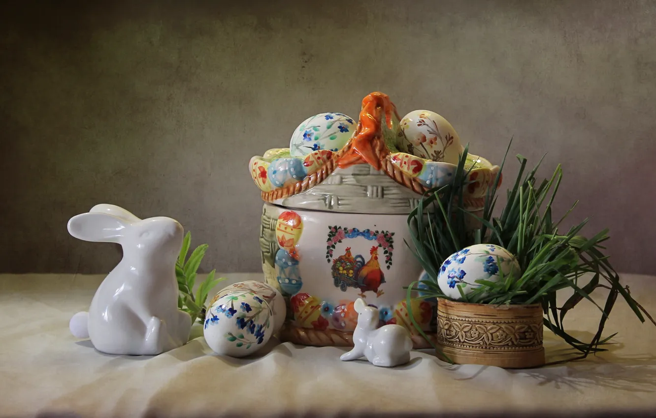 Фото обои трава, праздник, яйца, пасха, кролики, фигурки, композиция, Ковалёва Светлана