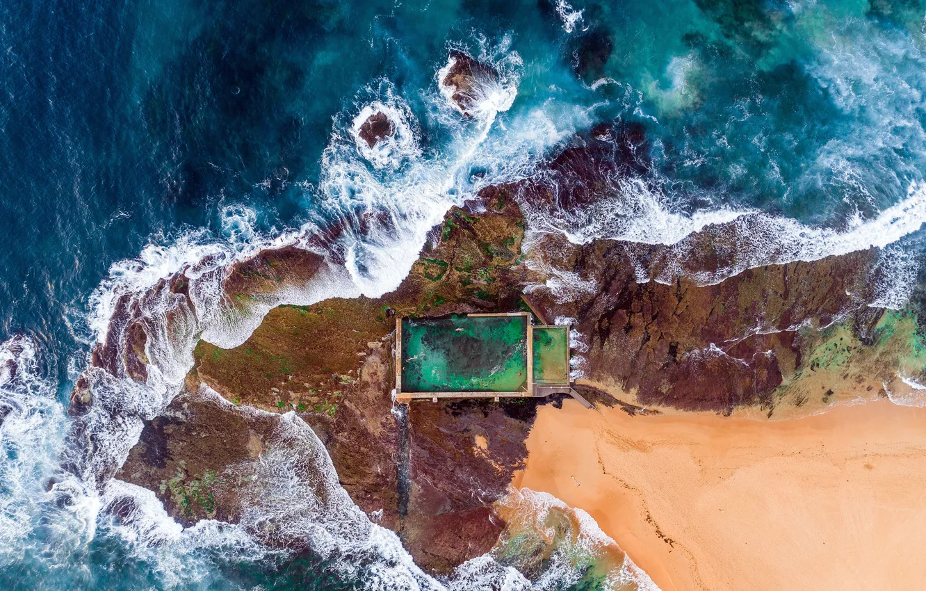 Фото обои Океан, Австралия, Сидней, Australia, Sydney, Вид с высоты птичьего полёта, Rock pool, Мона Вейл