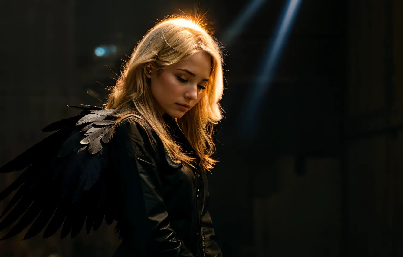 Фото обои girl, wings, dark angel, dark background, ray of light, black wings, ai art