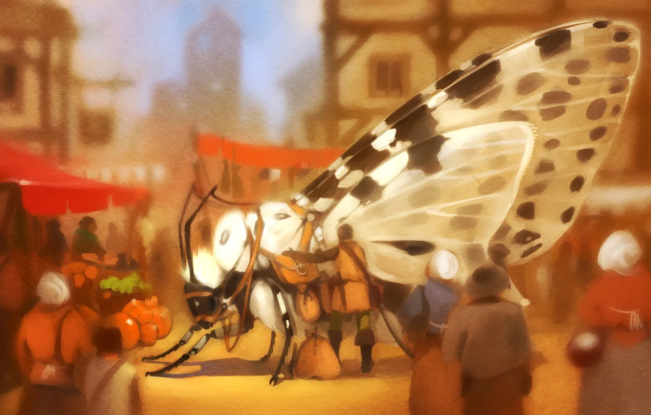 Фото обои фантастика, улица, бабочка, крылья, путешественник, арт