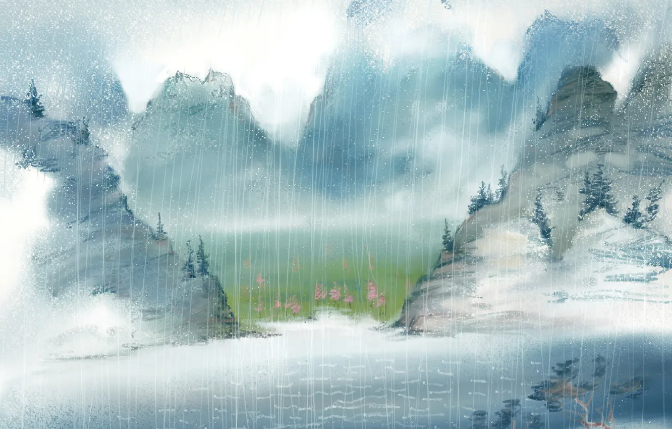 Фото обои горы, река, дождь, арт, нарисованный пейзаж