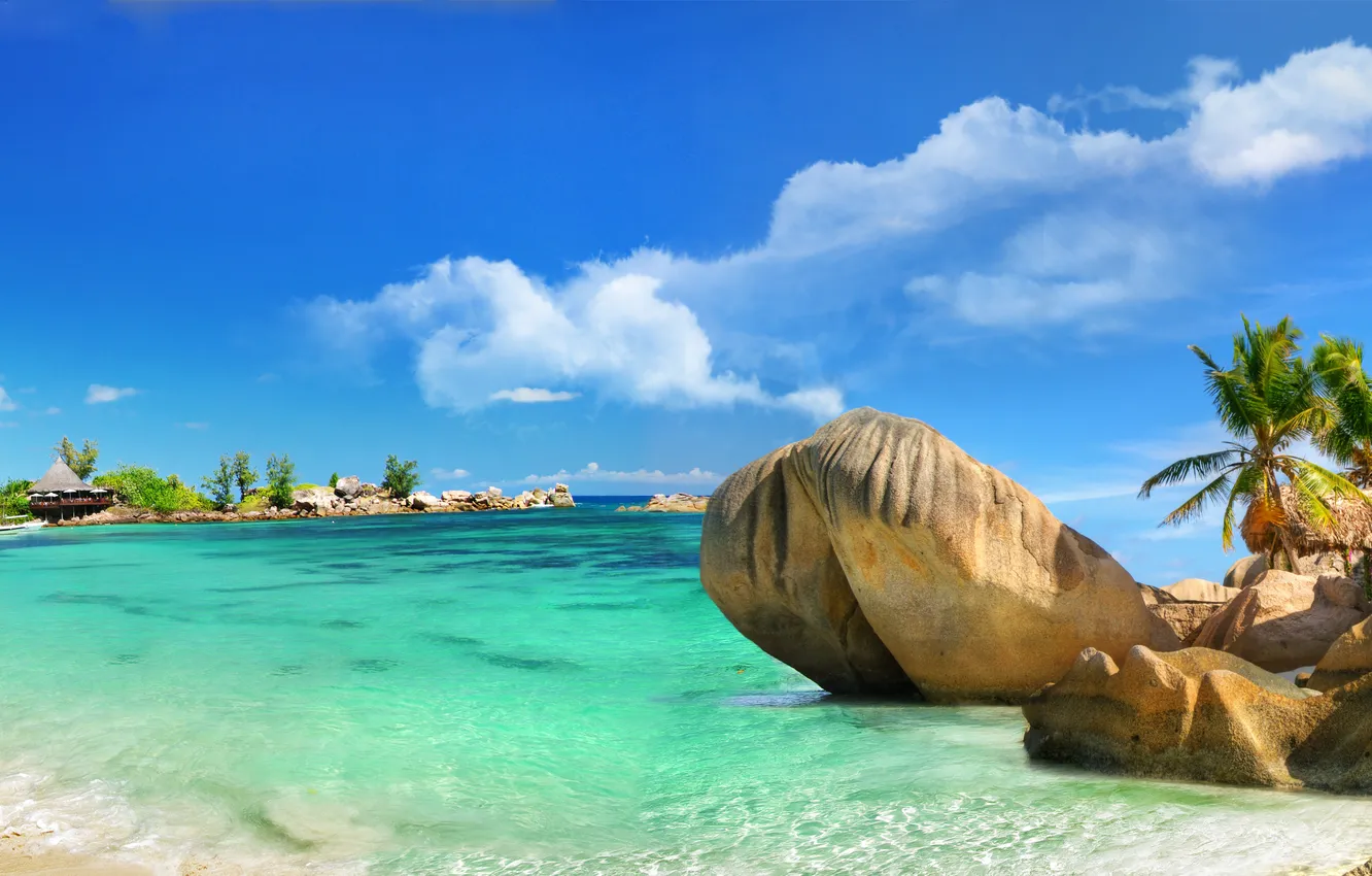 Фото обои песок, море, пляж, тропики, камни, пальмы, побережье, beach