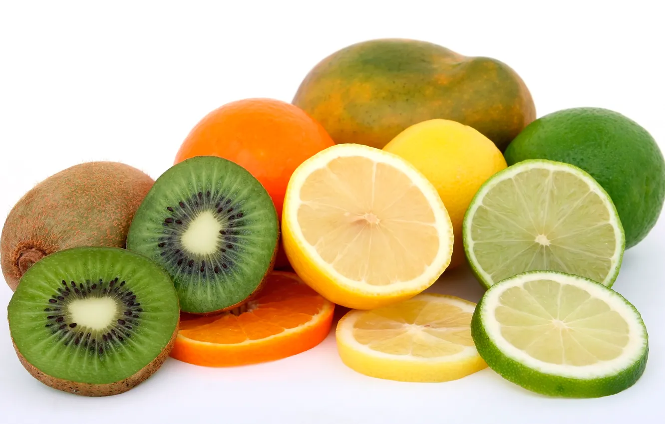 Фото обои лимон, апельсин, киви, лайм, фрукты, манго