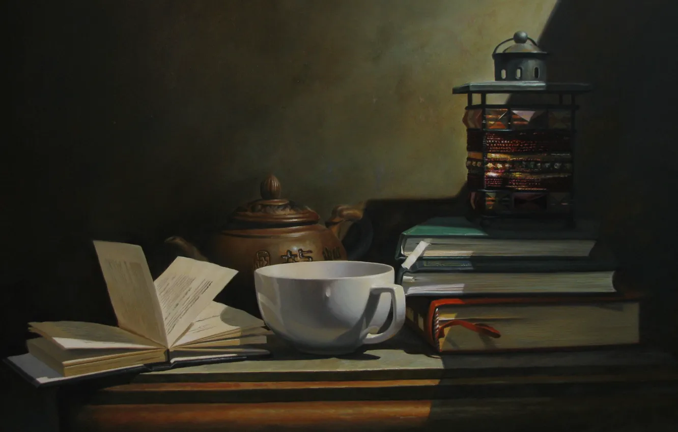 Фото обои стол, стена, чай, книги, кружка, тени, натюрморт, страницы