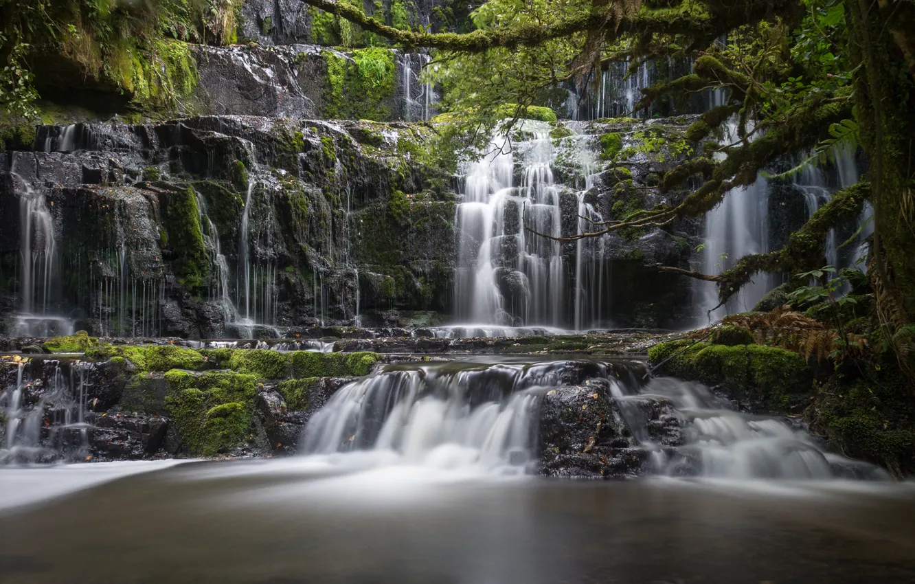 Фото обои река, водопад, Новая Зеландия, каскад, New Zealand, South Island, Южный остров, Purakaunui Falls