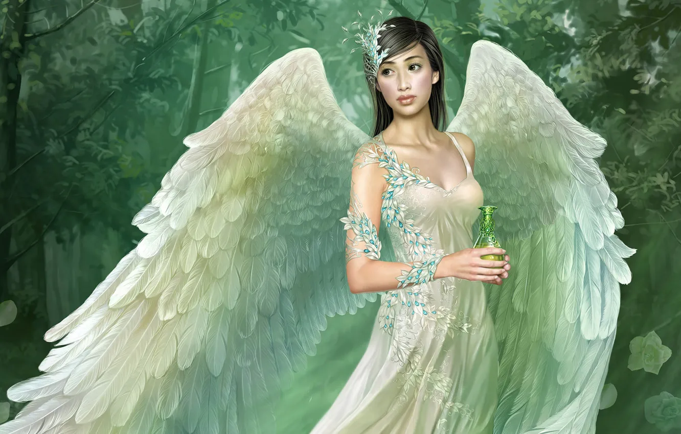Фото обои белый, девушка, крылья, ангел, платье, Tang Yuehui
