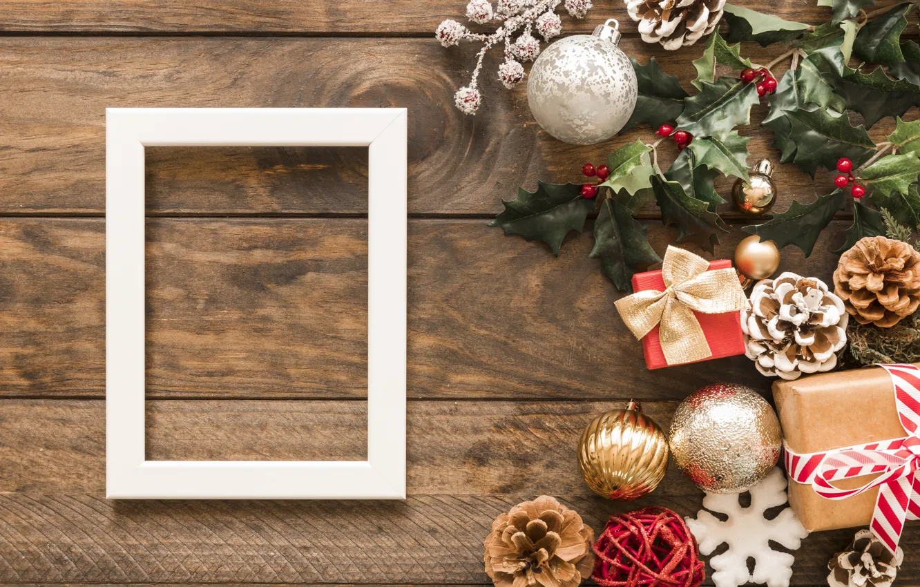Фото обои украшения, рамка, Новый Год, Рождество, подарки, Christmas, wood, New Year