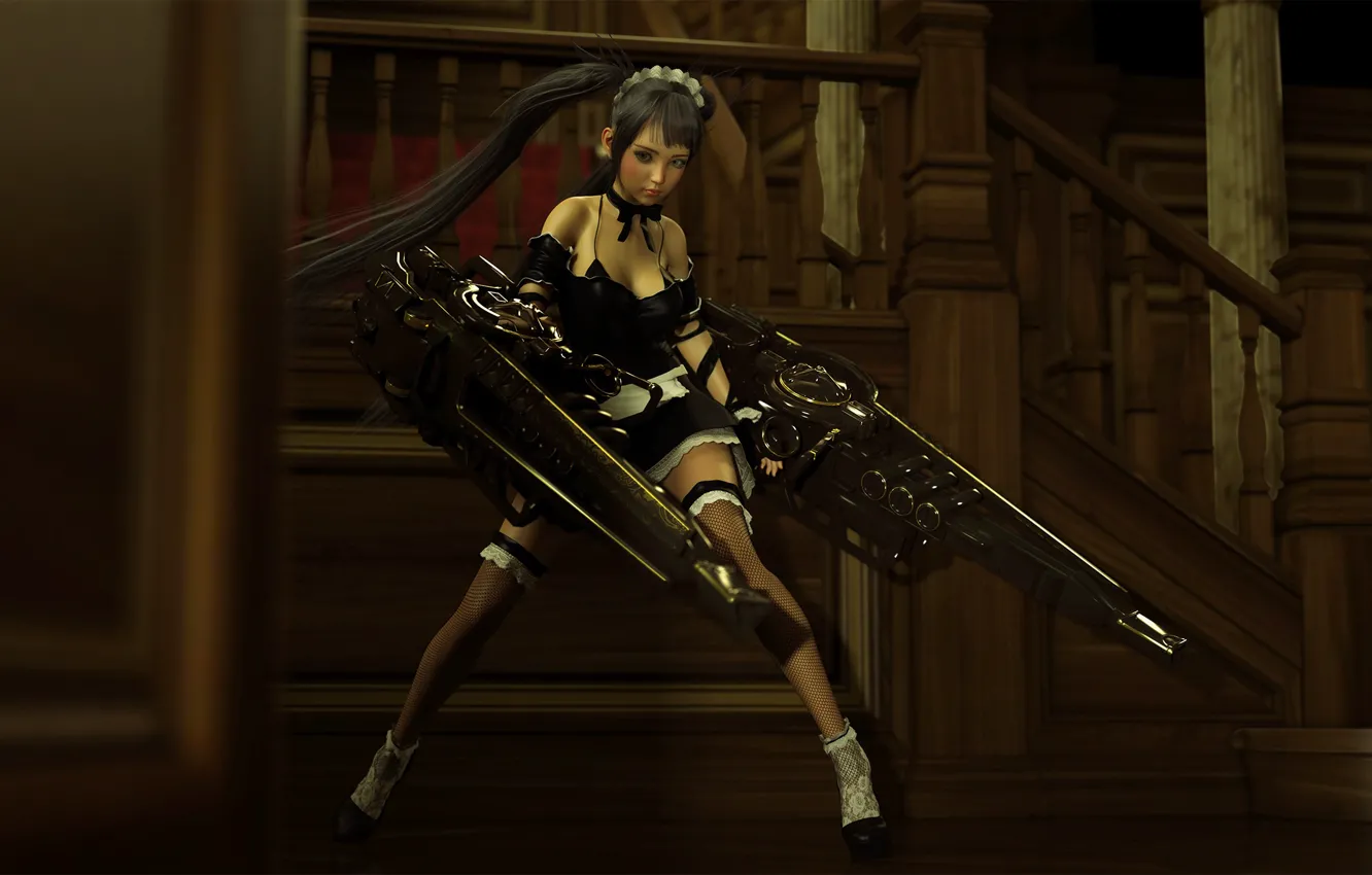 Фото обои weapon, women, digital art, artwork, maid, maid outfit, Shenpei Wu