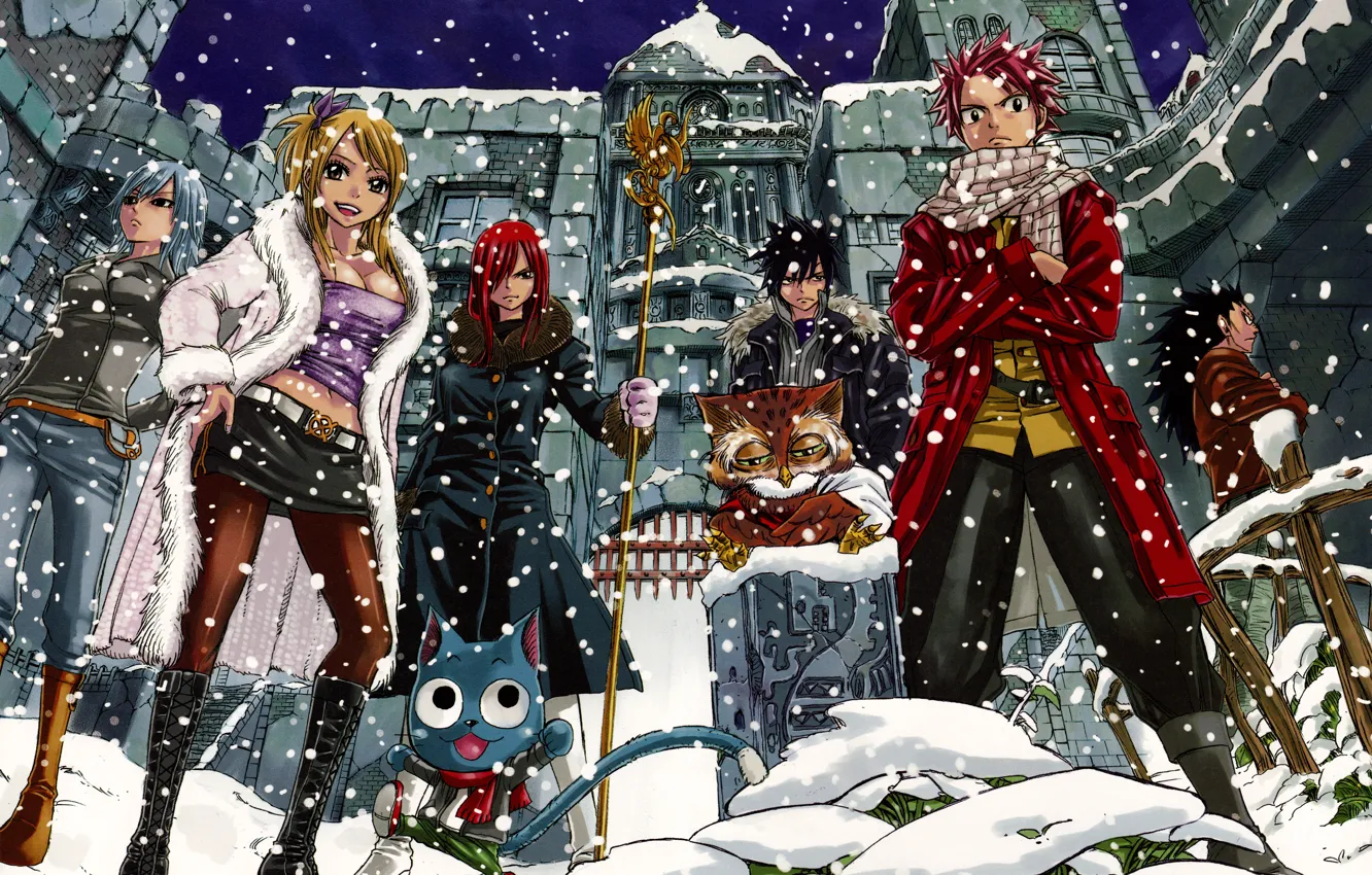 Фото обои снег, девушки, аниме, арт, парни, Fairy Tail, Сказка о хвосте феи, Erza Scarlet