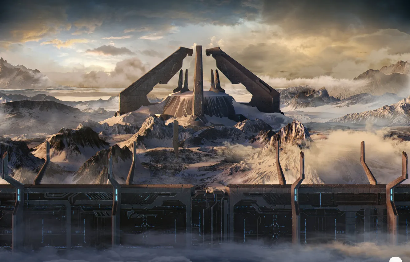 Фото обои облака, горы, сооружение, Library Exterior, Halo 2 Anniversary