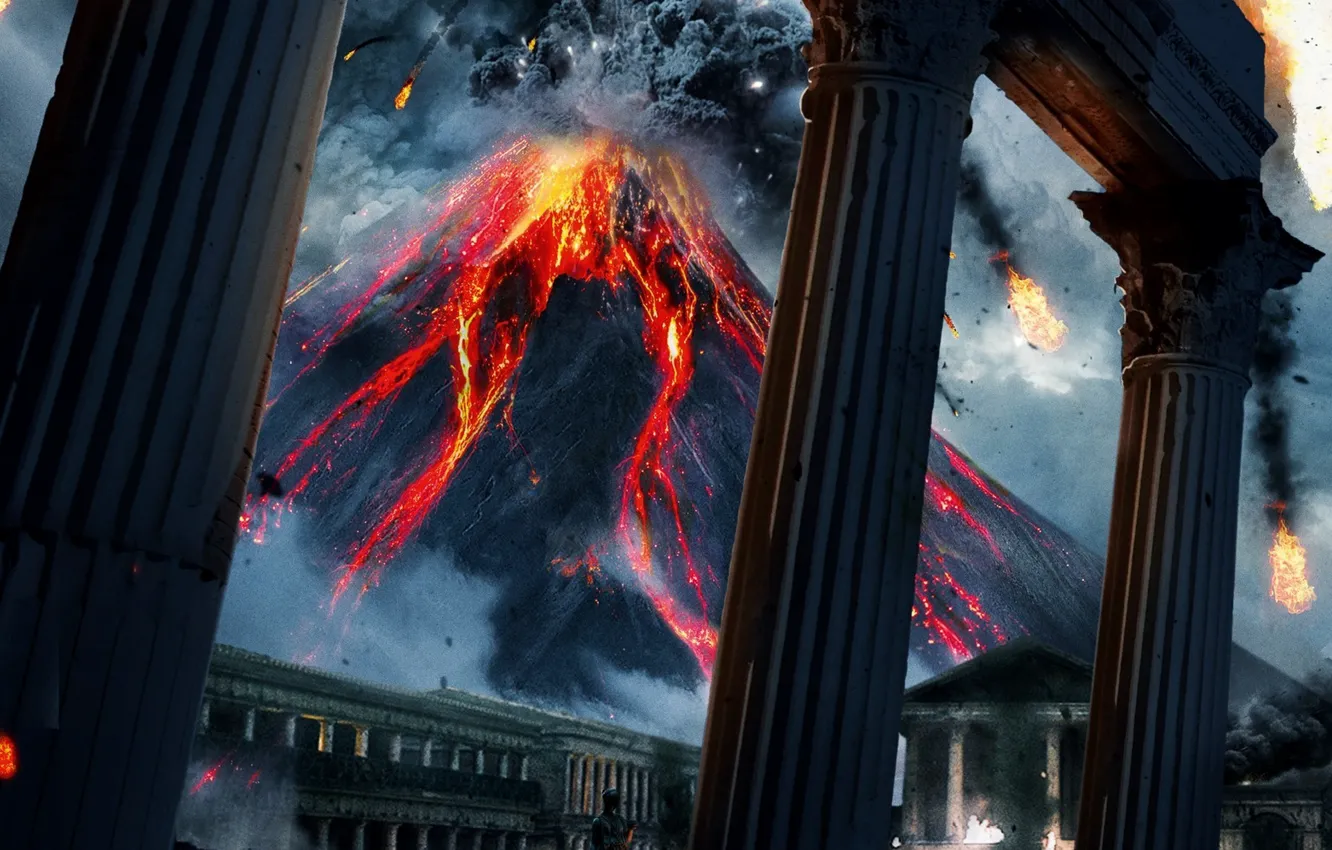 Фото обои пепел, огонь, вулкан, извержение, лава, колонны, античность, Везувий