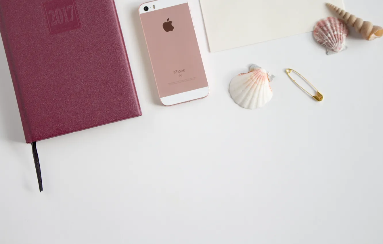 Фото обои apple, блокнот, телефон, ракушки, iphone, ежедневник, 2017