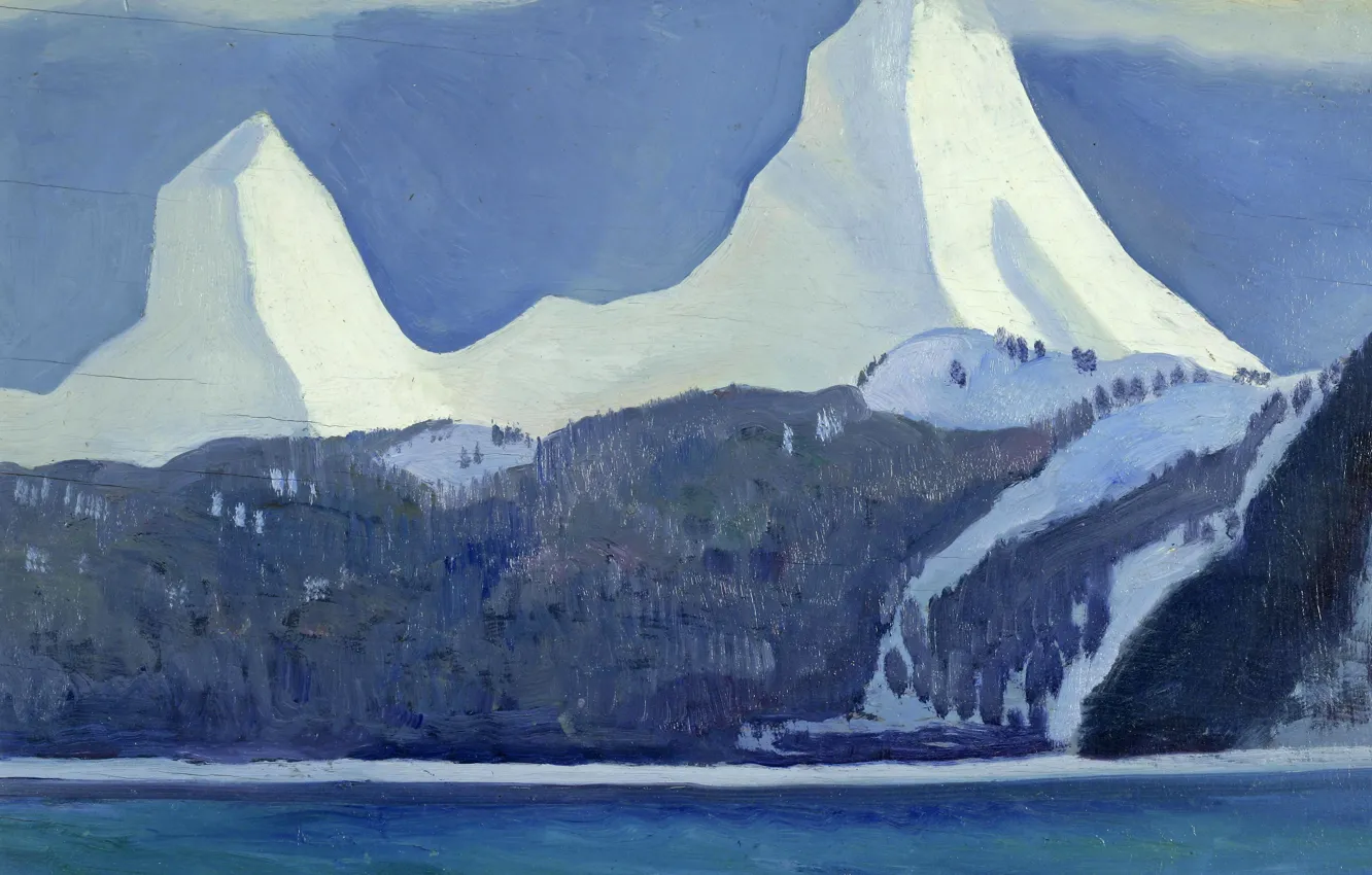 Фото обои море, пейзаж, горы, природа, картина, Rockwell Kent, Рокуэлл Кент, Снежные Вершины. Кенай. Аляска