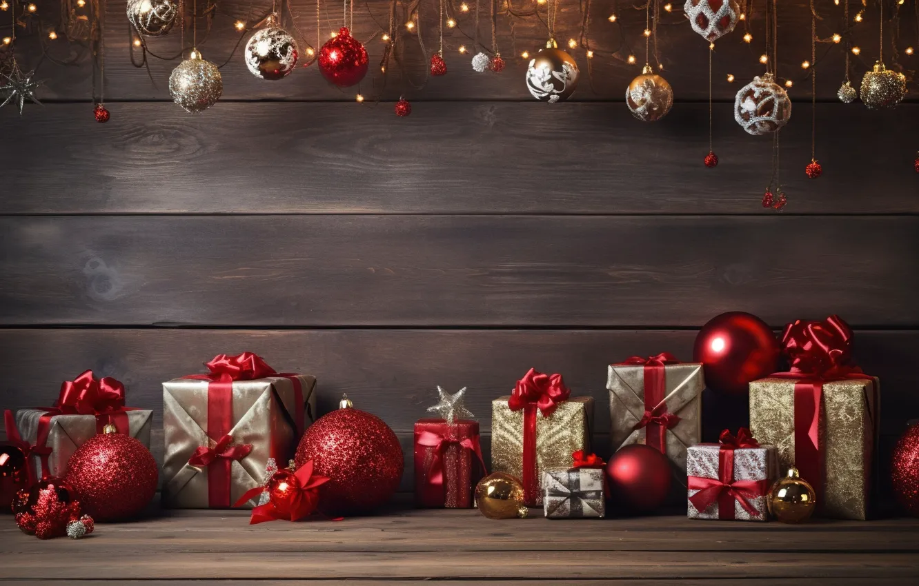 Фото обои украшения, шары, Новый Год, Рождество, подарки, red, golden, new year