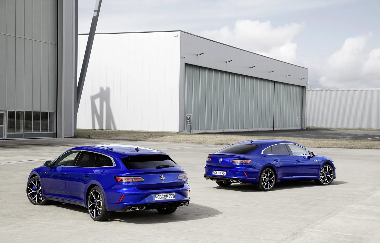 Фото обои Volkswagen, синие, универсал, Shooting Brake, ангары, лифтбэк, 2020, Arteon