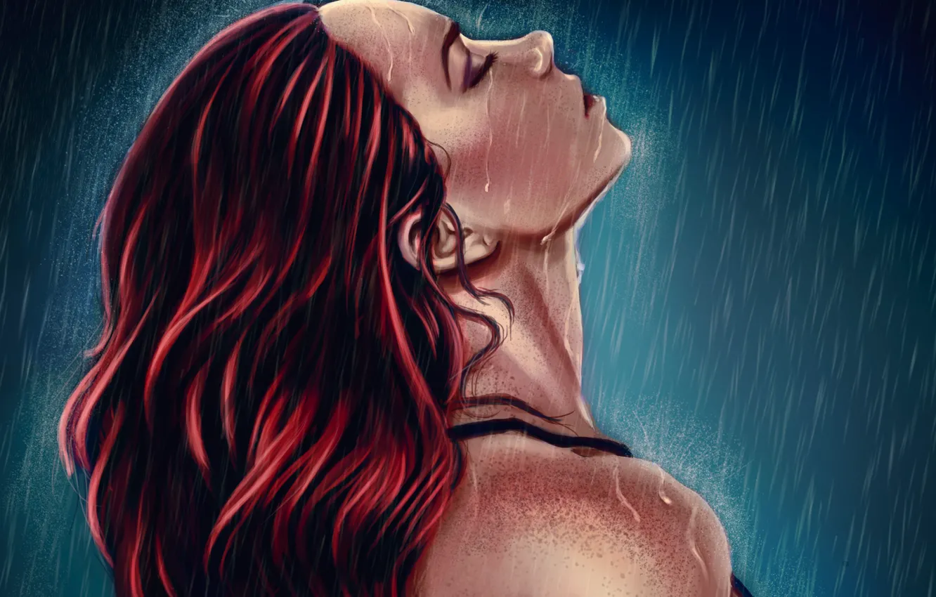 Фото обои девушка, капли, лицо, дождь, арт, профиль, живопись, плечи