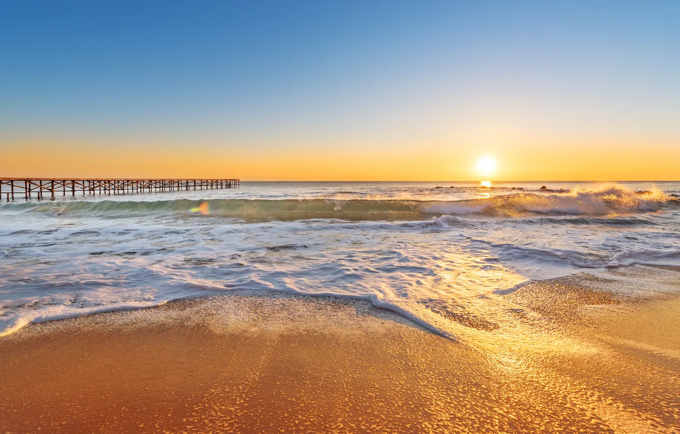 Фото обои море, закат, beach, sea, sunset, sand, wave