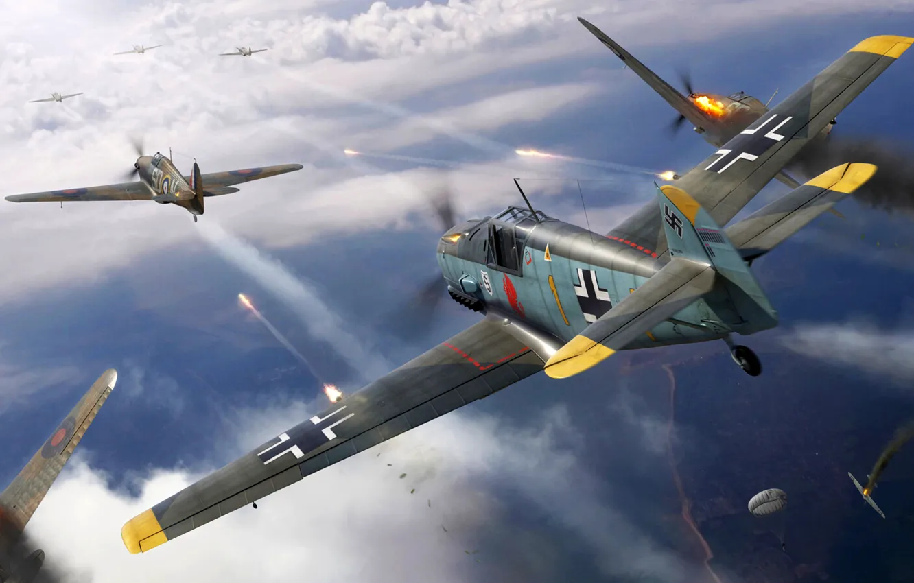 Фото обои Hawker Hurricane, Bf-109, RAF, Bf.109E, Боевой самолёт