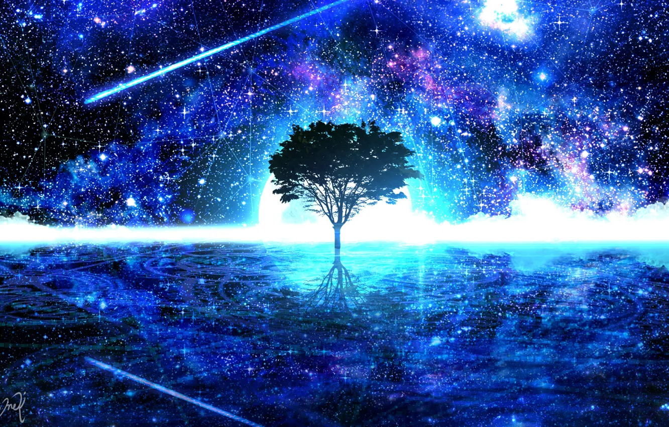 Фото обои вода, космос, ночь, природа, фантастика, дерево