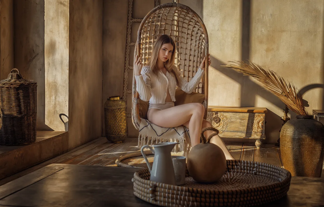 Фото обои девушка, legs, model, women, blonde, sitting, White Panties, sweater