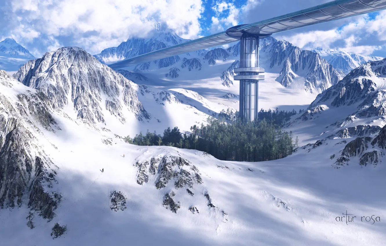 Фото обои снег, горы, мост, люди, сооружение, путники