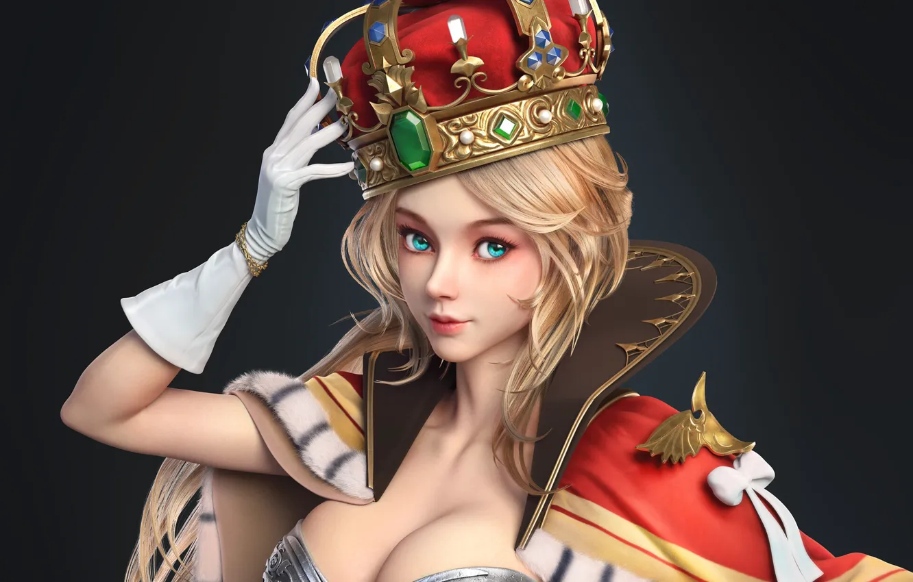 Фото обои girl, fantasy, cleavage, armor, boobs, breast, blue eyes, crown