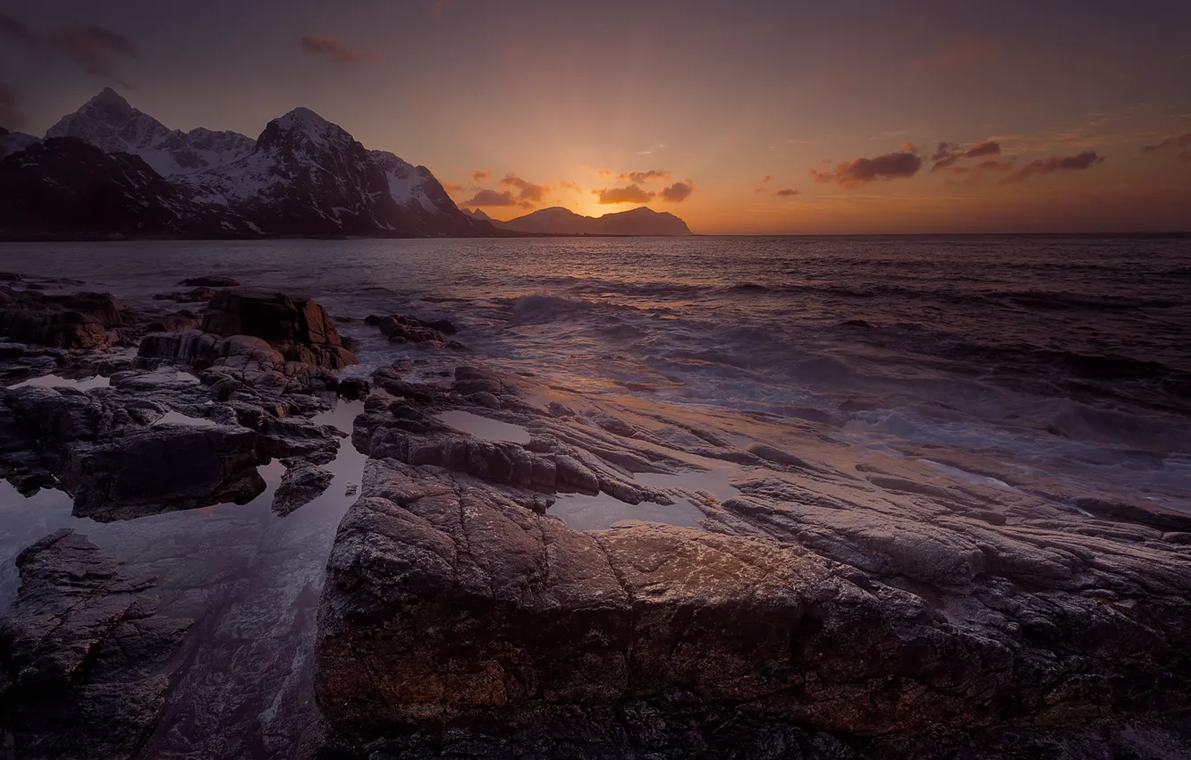 Фото обои море, закат, горы, Норвегия