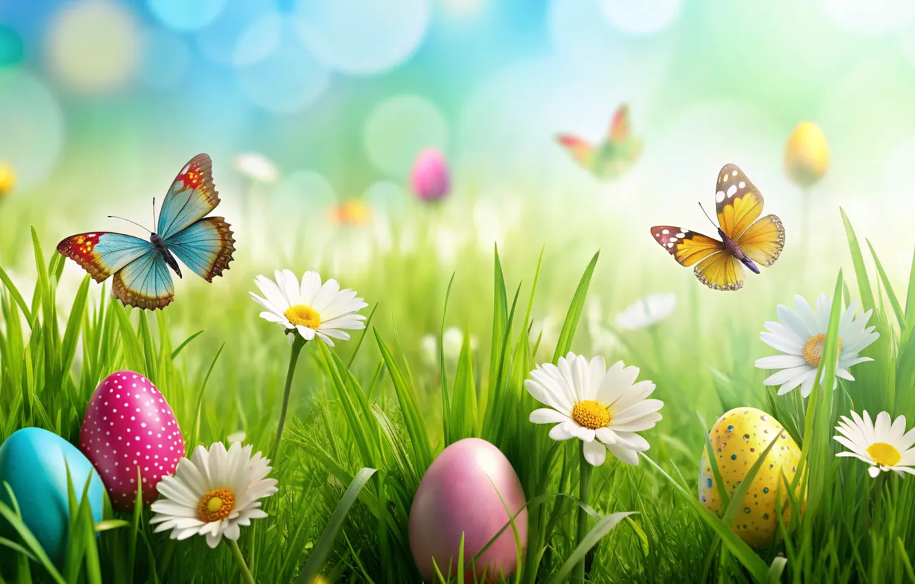 Фото обои цветы, яйца, весна, colorful, Пасха, happy, flowers, spring