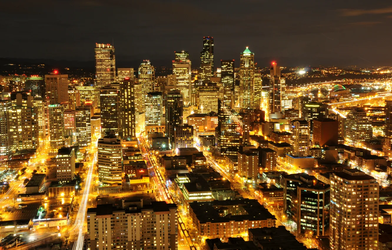 Фото обои огни, здания, небоскребы, подсветка, Сиэтл, USA, США, ночной город
