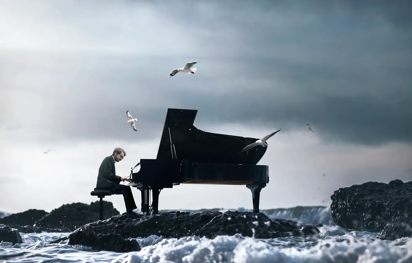 Фото обои волны, чайки, пианино, пианист, Vincent Bourilhon, The Ocean Symphony