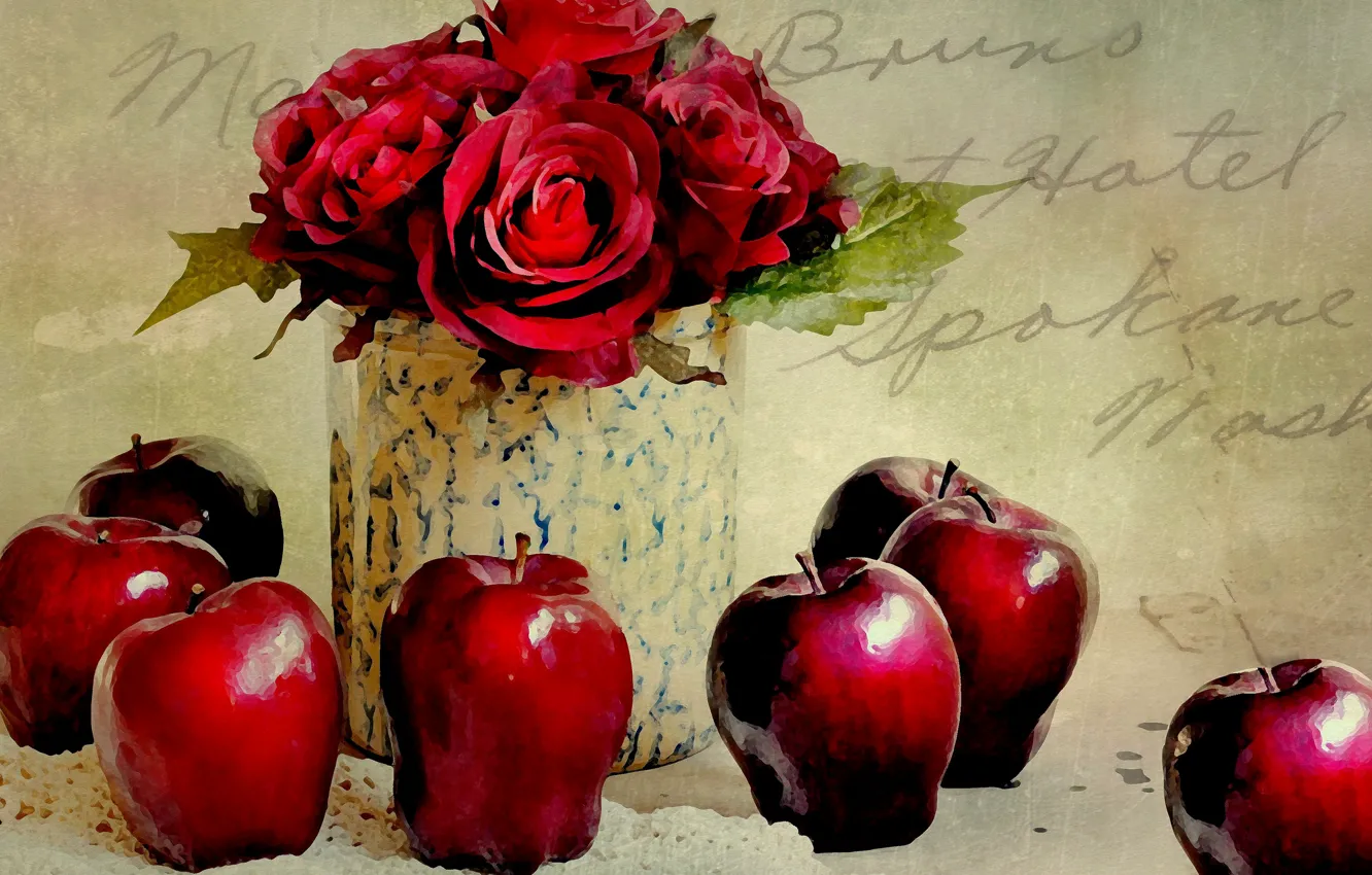 Фото обои цветы, яблоки, розы, натюрморт