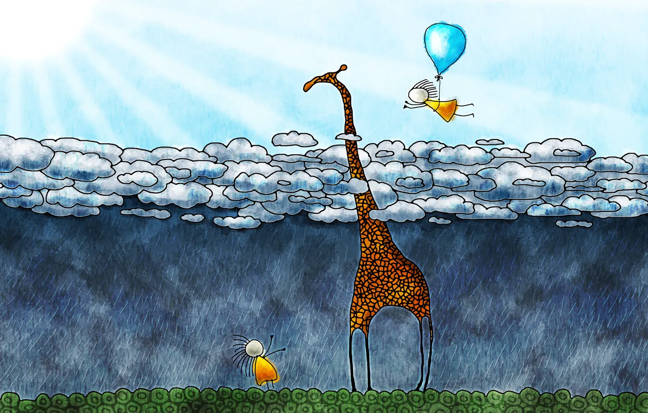 Фото обои облака, дети, жираф