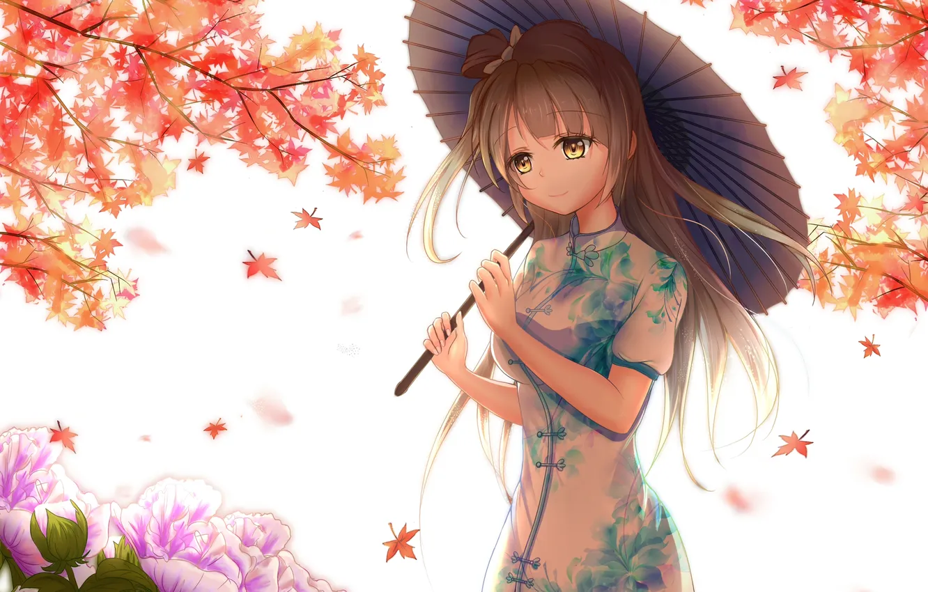 Фото обои листья, девушка, цветы, улыбка, зонт, аниме, арт, кимоно