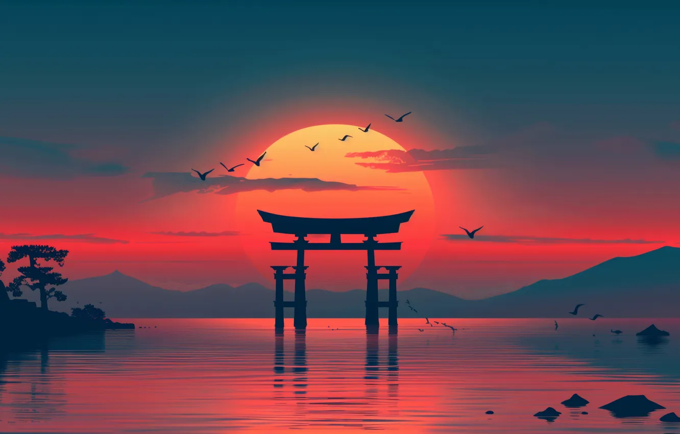 Фото обои golden, sunset, glow, lake, birds