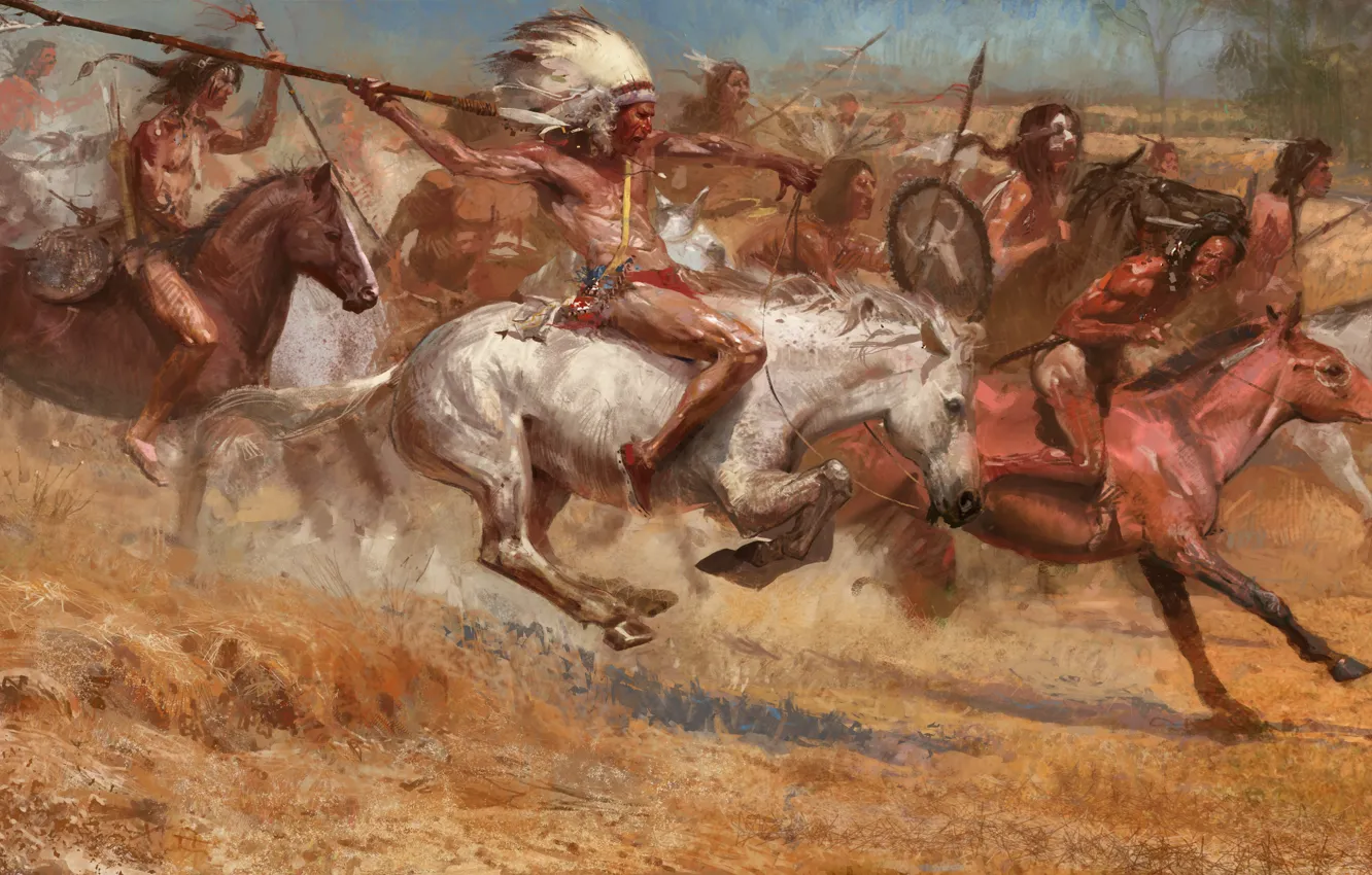 Фото обои Бег, Индейцы, Лошади, Воины, Game, Копья, Age of Empires III